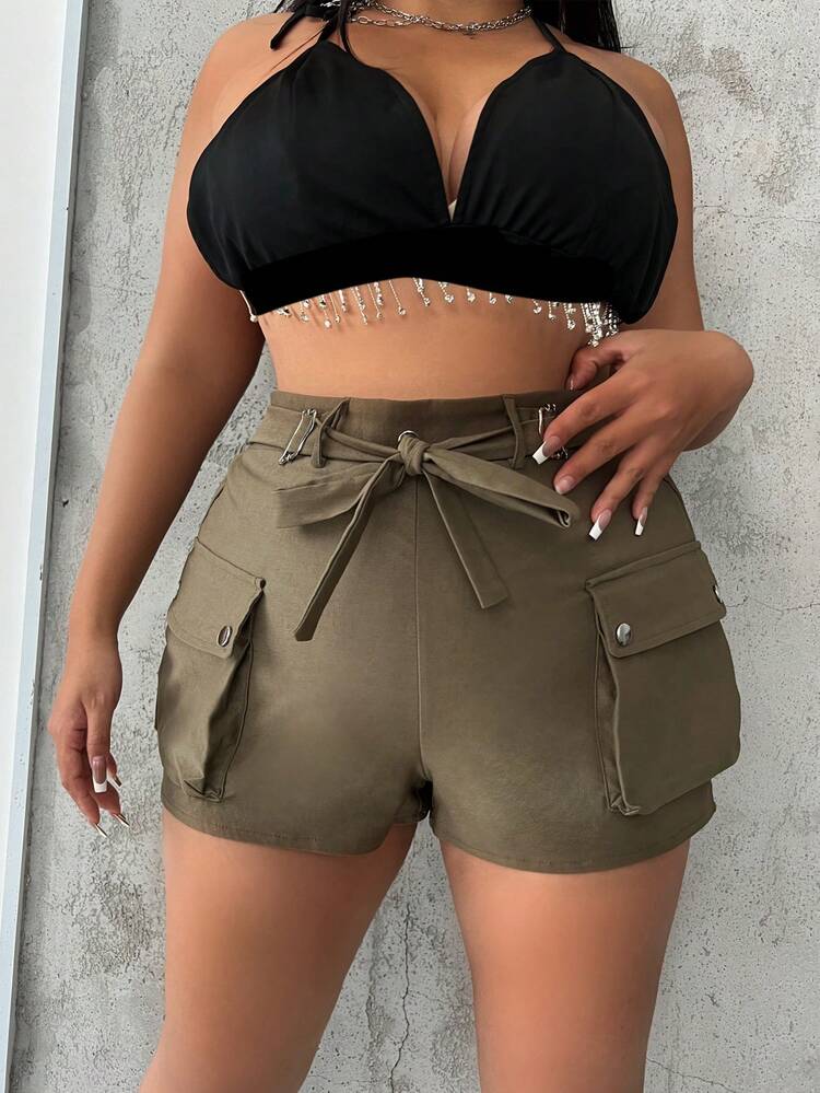 Plus Size Solid Color Cargo Shorts