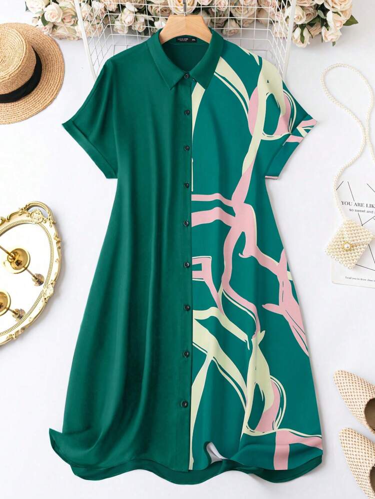 Plus Size Women Fashionable Loose Fit Turn-Down Collar Printed Dress