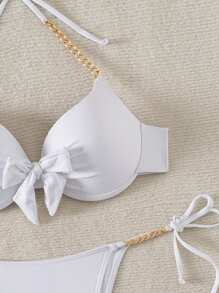 SHEIN Swim Conjunto de bikini de unicolor para mujer con correa de cadena para combinar con las vacaciones de verano, sujetador de cuello halter con aro