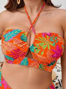 SHEIN Swim Curve 大尺碼夏季沙灘多彩花卉印花十字系帶比基尼上衣 - 彩色 - 查看 1