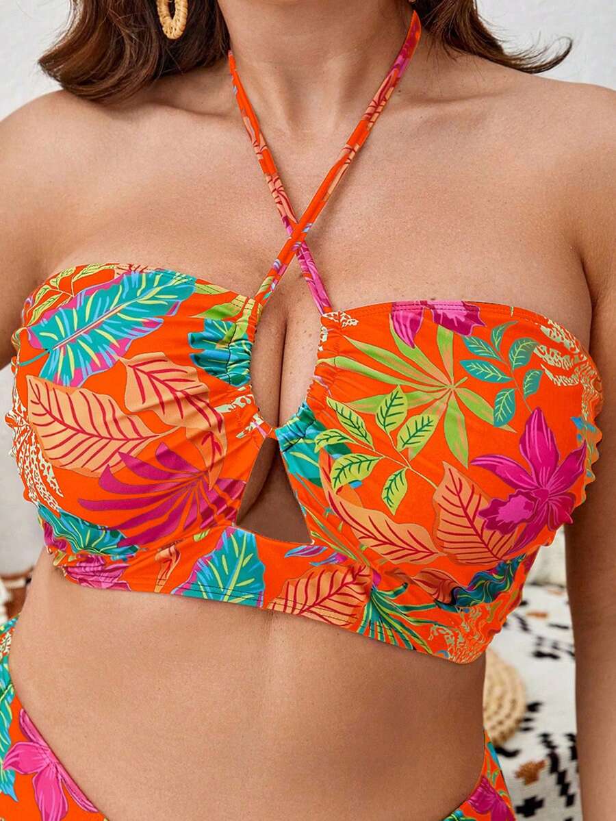 SHEIN Swim Curve 大尺碼夏季沙灘多彩花卉印花十字系帶比基尼上衣 - 彩色 - 查看 1
