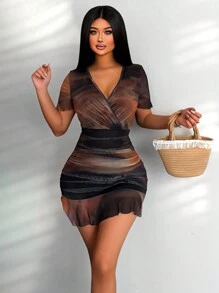 Eryvara Summer Women Tie Dyeing Print Overlapping V-Neck Short Sleeve Ruffled Hem Bodycon Elegant Dress - Multicolor - View 1