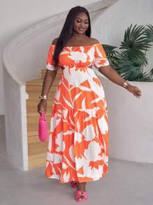 Slaydiva Vestido largo elegante y sexy con diseño hombros descubiertos, corte en A y diseño multicapa, abertura en la cintura y estampado floral de unicolor, adecuado para vacaciones, talla grande - Verano - Naranja - Ver 4