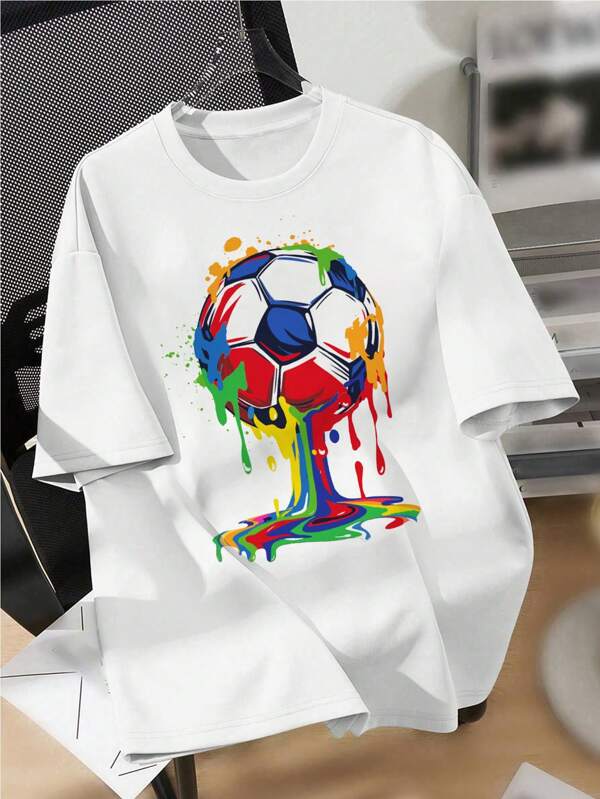 SHEIN Tricou Tween Boy Casual, simplu, cu model de fotbal, cu mânecă scurtă, cu gât crew, potrivit pentru vară