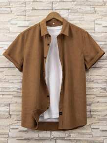 Manfinity Homme 男士夏季純色休閒寬鬆短袖襯衫 - 鏽棕色 - 查看 1