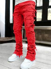 Tween Boy Ripped Frayed Rag Stitching Jeans - Red - View 6