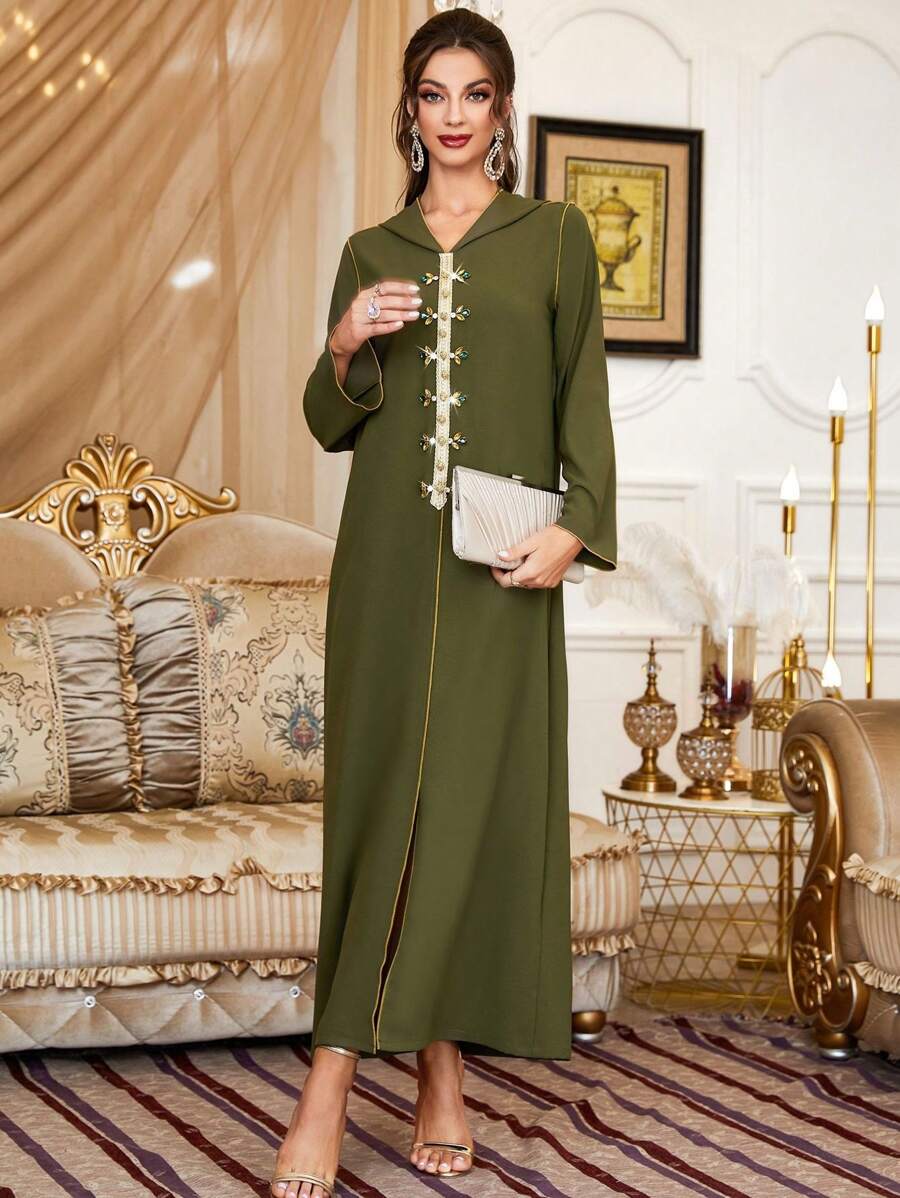 Al Najma Rhinestone Detail Contrast Piping Hooded Dress Kaftan Jalabiya Dress - Army Green - View 1