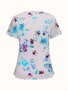 Women Floral Print Dual Pocket Side Slit Scrub Top - Multicolor - View 2