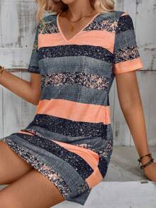 SHEIN LUNE Kvinnors Fashionabel Randig & Slumpmässigt Tryck Kort Ärm Klänningar - Multifärgad - Visa 6