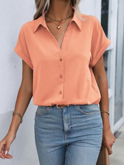 EMERY ROSE Women Summer Solid Color Batwing Short Sleeve Loose  Casual Shirt