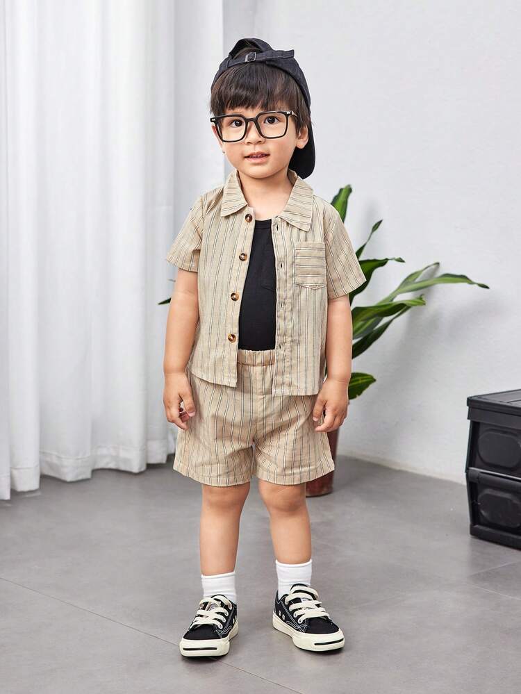 3pcs/Set Baby Boy Casual And Fashionable Basic Striped Fabric Outfits, Suitable For Spring And Summer Outdoor Activities.