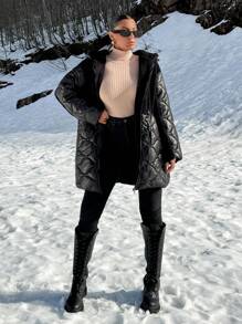 EURMUSE Frenchy Puffer Coat With Two Pockets, Drop Shoulder Hood, Top Zip, Hood, Drawstring Waist, Teddy Bear Fabric