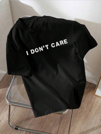 SHEIN LUNE I Don't Care Casual Slogan Graphic Regular Crew Neck Short Sleeve Fitted Women T-Shirt, Suitable For Summer