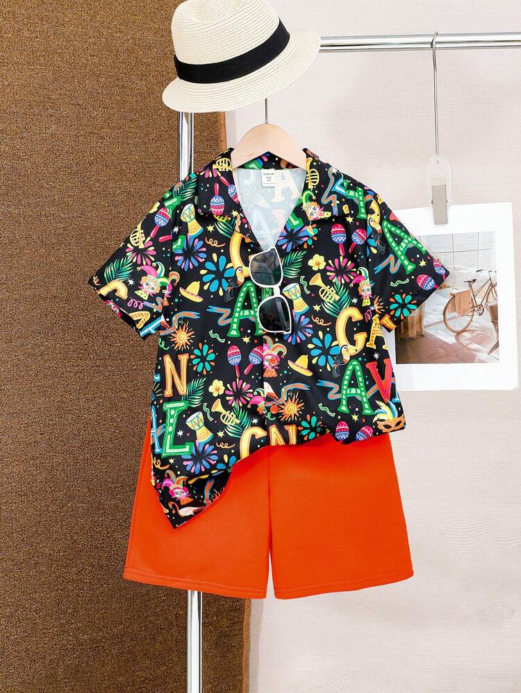 Boys' Casual Loose Short Sleeve Shirt With All-Over Letter Print And Solid Color Knitted Shorts Set, Holiday Style