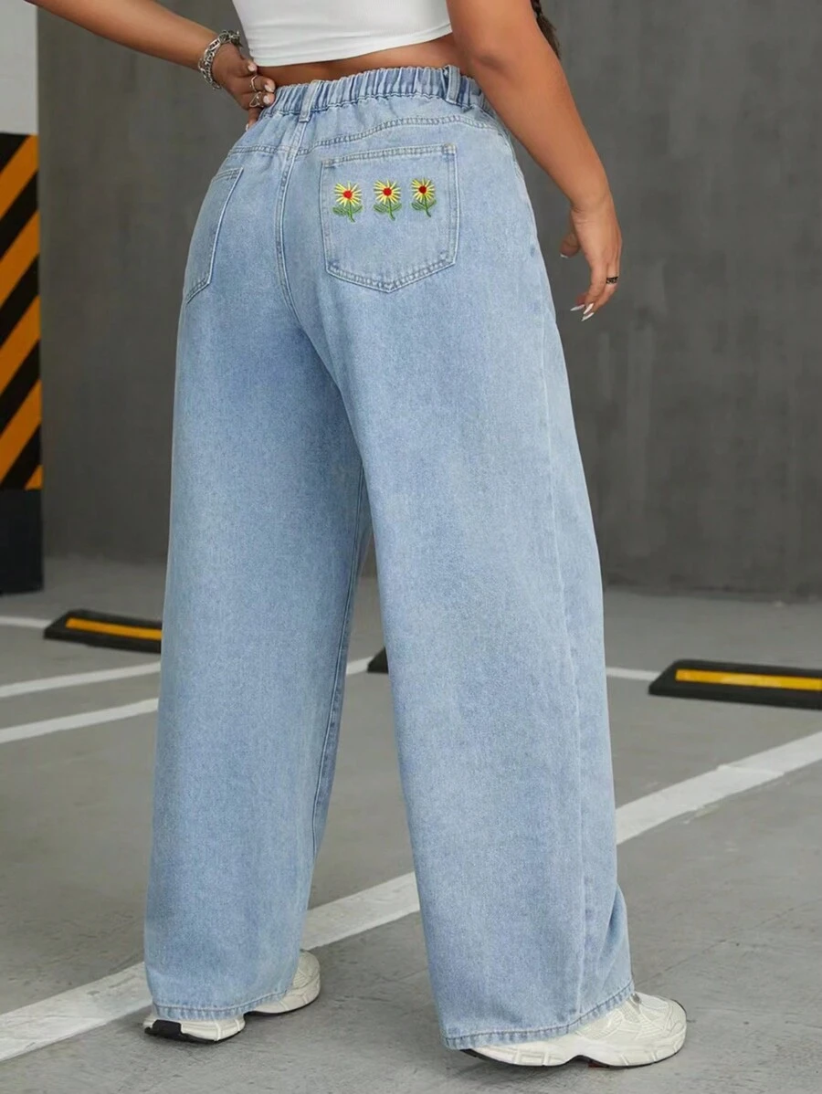 SHEIN ICON 加大碼女士直筒牛仔褲,帶植物刺繡 - 藍色 - 查看 1