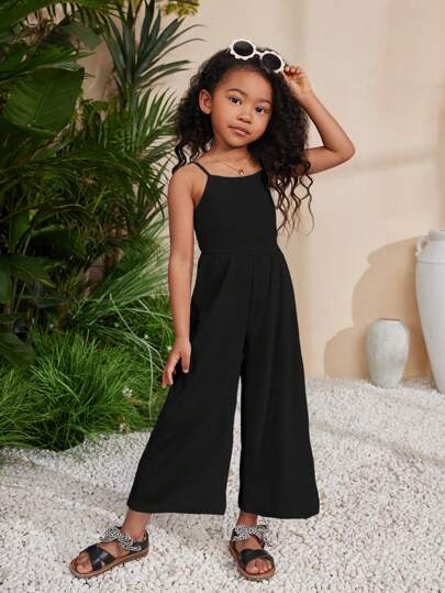 SHEIN Leap Crew Young Girl Spring/Summer Knit Solid Color Spaghetti Strap Jumpsuit For Holiday & Leisure