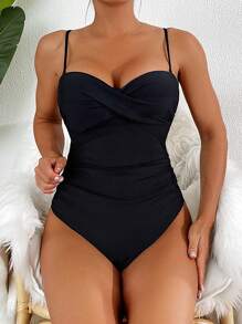 SHEIN Swim Women Solid Color Simple Design One-Piece With Underwire Push Up,Summer Beach