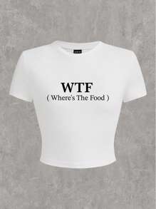 SHEIN EZwear 休闲简约英伦图案圆领短袖短款修身女式 T 恤，适合夏季套头衫，棉混纺 - 白色 - 查看 1