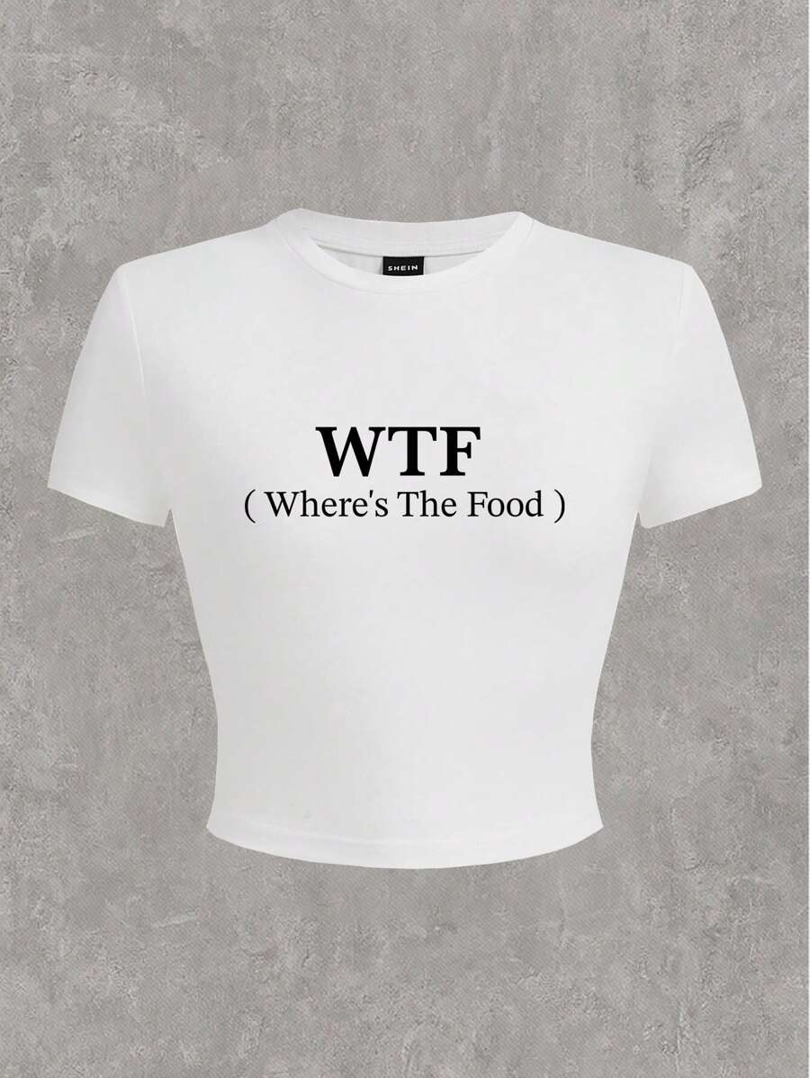 SHEIN EZwear 休闲简约英伦图案圆领短袖短款修身女式 T 恤，适合夏季套头衫，棉混纺 - 白色 - 查看 1