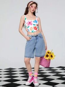 SHEINNeu Women Fashion Short Asymmetrical Hem Printed Tank Top