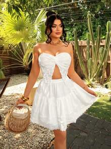 SHEIN SXY Conjunto de mujeres para vacaciones de verano en la playa Y2K con falda de encaje con volantes de unicolor para ocio y vacaciones