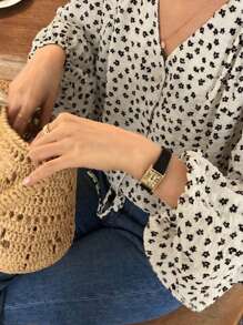 DAZY 女士宽松灯笼袖花朵印花衬衫，秋季服装，返校服装长袖上衣 - 白色 - 查看 4