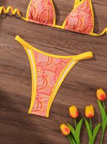 SHEIN Swim Conjunto bikini de dos piezas con impresión aleatoria, contraste de ribetes neón y copas acolchadas desmontables, ideal para la playa en verano