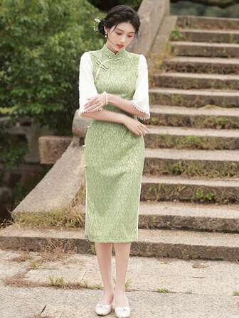 Women Summer Elegant Color-Block Short Sleeve Qipao Long Dress With Buckle Decoration