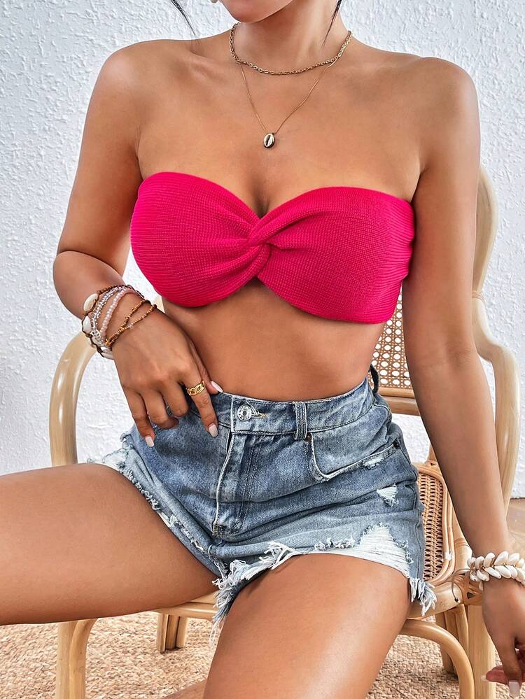 Women Solid Color Twisted Cross Strap Waist Cinched Bandeau Top For Beach Vacation Summer