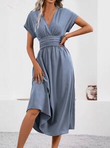 SHEIN LUNE 女士夏季纯色 V 领蝙蝠袖腰褶长款优雅连衣裙长款女装 - 霧霾藍 - 查看 5