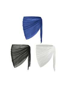 Swim Basics Summer Beach 3PCS Women Solid Color Simple Beach Cover-Up Skirt Set - Royal Blue - View 1