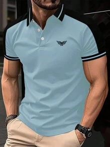 Manfinity Homme Áo sơ mi nam ngắn tay phối màu có nút phía trước và viền cho mùa hè - Màu xanh nhạt - Xem 1