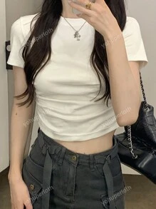 Casual Solid Color Cropped Pleated Short Sleeve T-Shirt, Summer