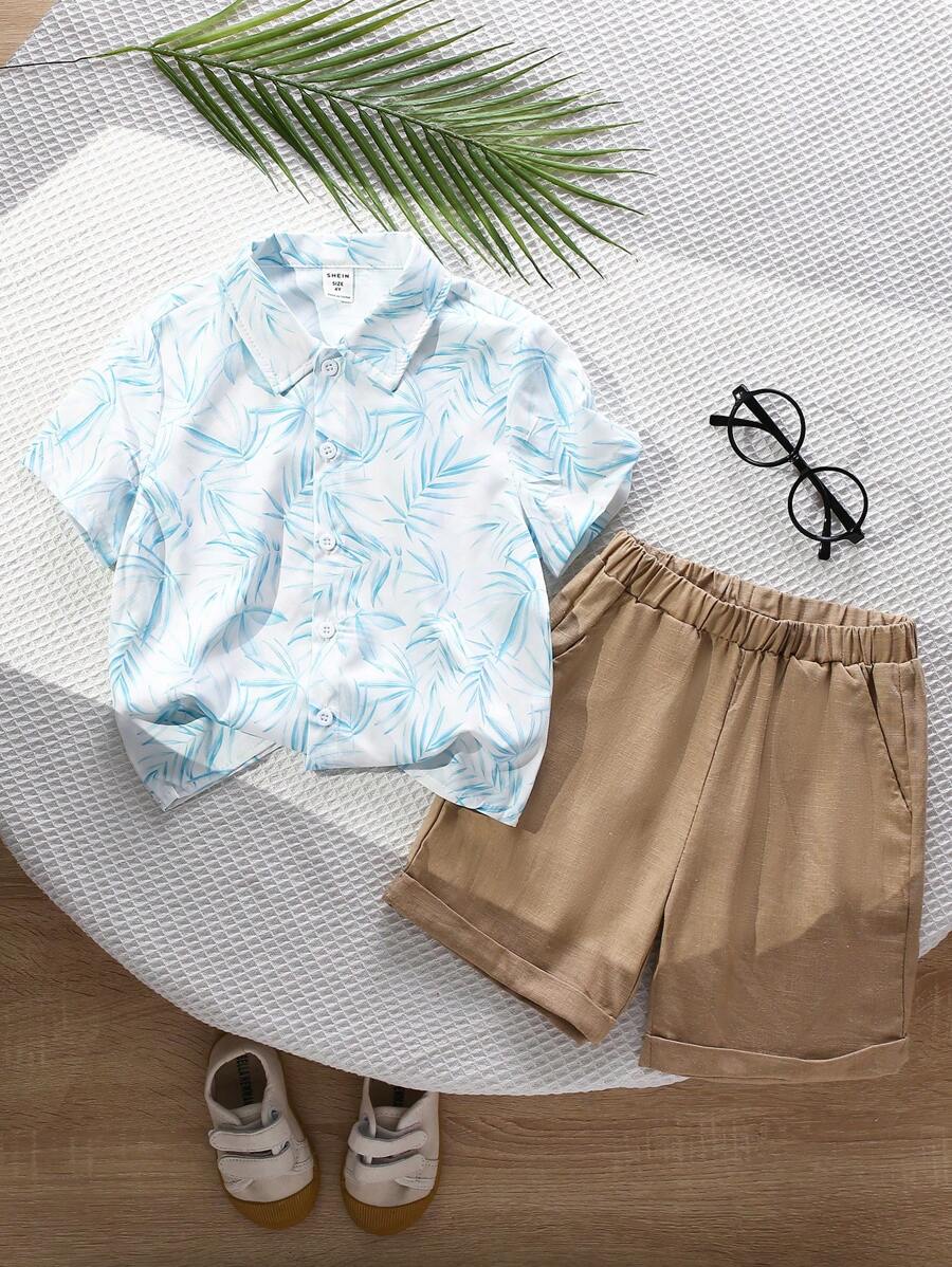 3pcs/Set Toddler Boys' Holiday Leisure Coconut Leaf Printed Collared Shirt, Solid Round Neck T-Shirt, And Shorts Outfit For Spring And Summer Vacation