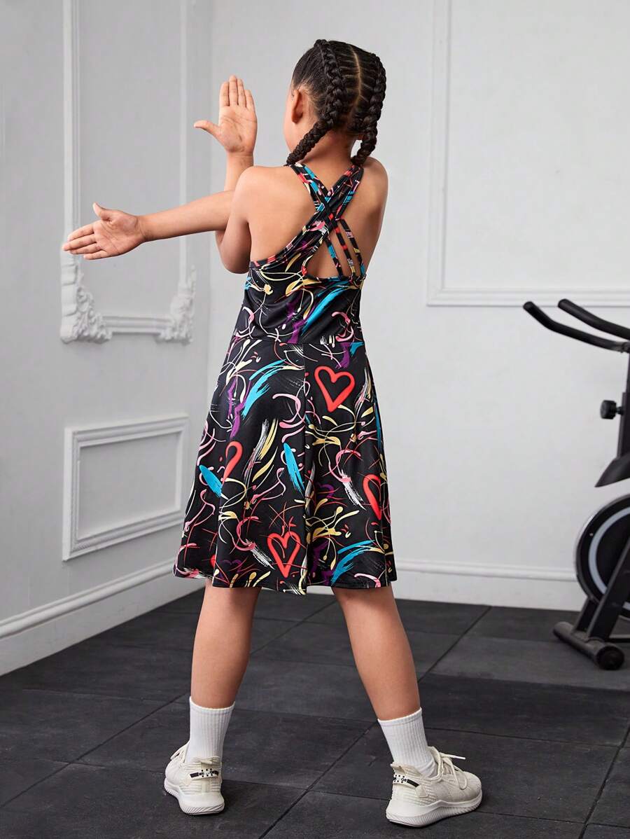 SHEIN Tween Girl Casual Sports Dress With Back Crossed Free Waist A-Line Sleeveless Design - Black - View 1
