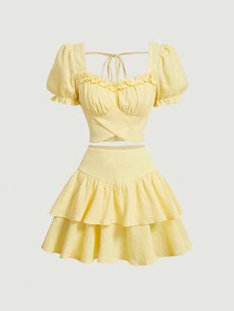 SHEIN MOD Light Yellow Plain Shirt + Skirt Vintage Women Two-Piece Set