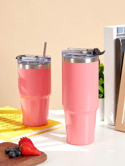 SHEIN Basic living Izolowany kubek ze stali nierdzewnej, 1 szt., szczelny kubek do kawy z pokrywką i szczoteczką ze słomką