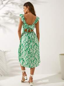 EURMUSE Women Square Neck Ruffle Sleeve Back Tie Midi Dress - Green - View 2