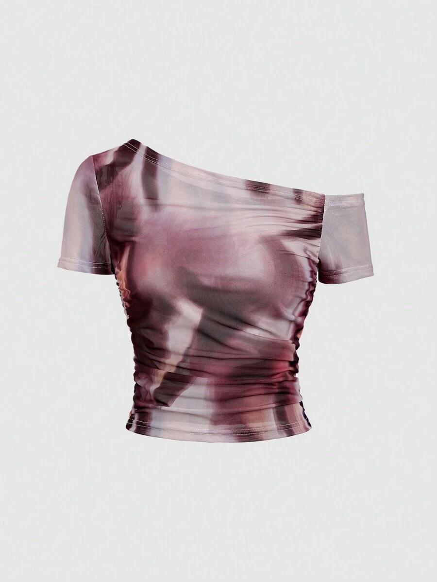 Sweetra Summer Ladies' Tie-Dye Asymmetrical Collar Short Sleeve Ruched Slim-Fit Summer Top Y2K Outfit  - Multicolor - View 1