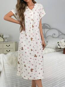 Vestido de pijama de manga corta para mujer con estampado de oso lindo y florecitas