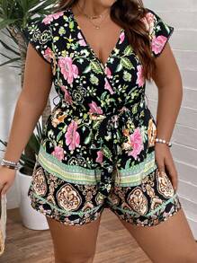 SHEIN VCAY Macacão Bohemian Romântico para Mulheres Plus Size de Verão - Preto - Visão 6