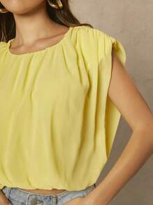 Hauture Solid Ruched Sleeveless Bubble Hem Blouse - Yellow - View 3