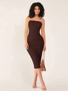 SHEIN BASICS Vestido de cena casual de mujer ajustado al cuerpo sin tirantes - Marrón - Ver 6