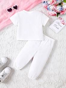 SHEIN Baby Girl Casual And Cute Cartoon Rabbit Pattern Short Sleeve Round Neck T-Shirt And Elastic Waist Patterned Long Pants Set - White - View 8