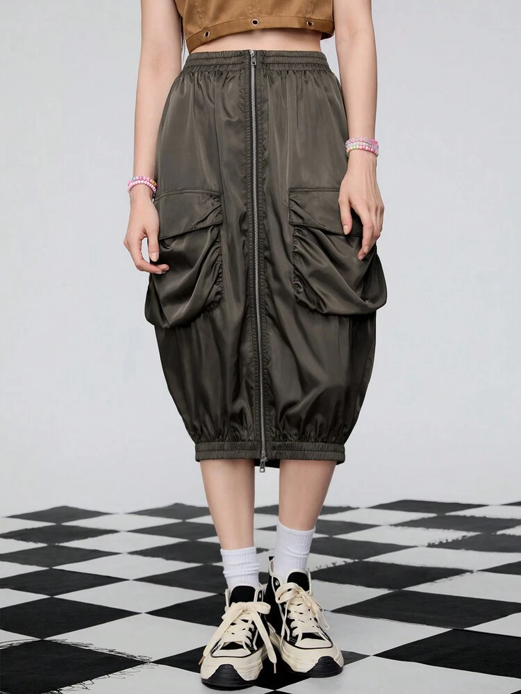 Women Fashionable Solid Color Zipper Closure Big Pocket Skirt