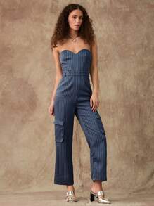 Forever 21 Summer New Style Women Striped Jumpsuit With Pocket, Tooling Style, Sexy And Fashionable - Grey - View 5