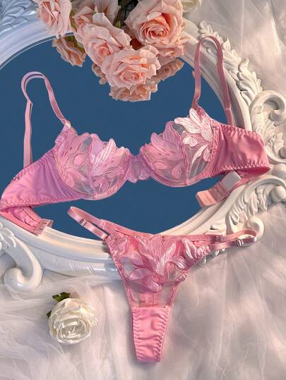 Women Bloemen Geborduurde Mesh BH Slipje Underwear Set Underwire, Pieces Lingerie view 5