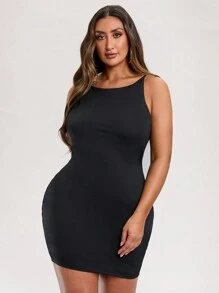 TrendSteals Plus Size Women's Solid Color Summer Black Stretch Knit Short Dress - Black - View 5