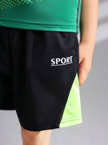 SHEIN Ensemble deux pièces de sport pour garçon comprenant un T-shirt à manches courtes et col rond à imprimé sportif décontracté et un short en tricot à blocs de couleurs - Multicolore - Voir 5