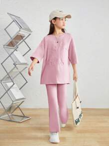 SHEIN Tween Girl Loose Round Neck 3D Bear Pattern Short Sleeve T-Shirt With Flared Pants Casual Two Pieces Set - Baby Pink - View 5